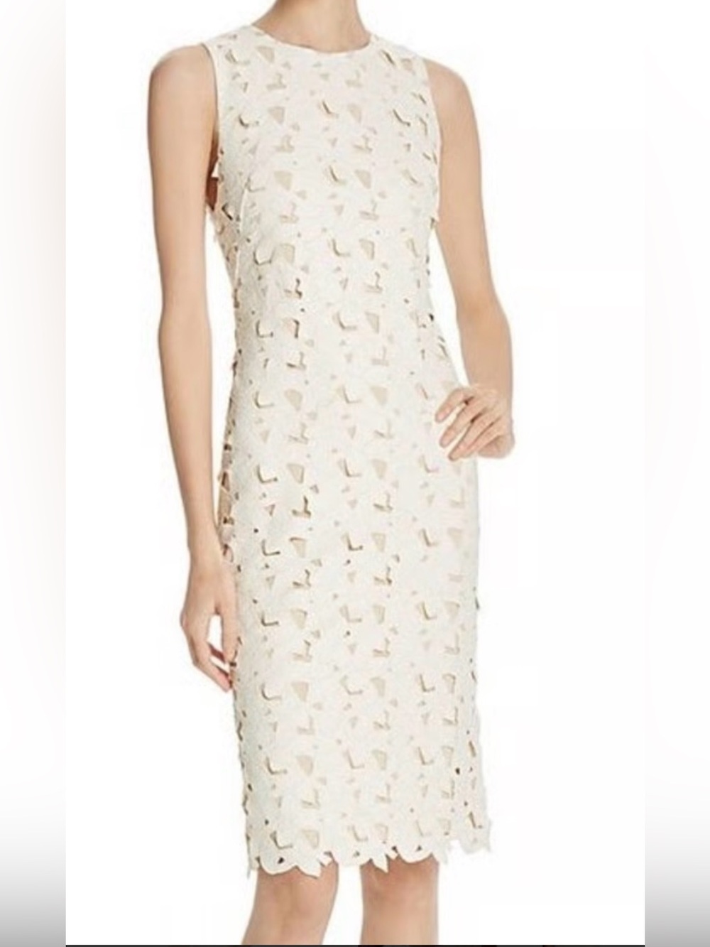Alice + Olivia Ivory fey dress faux leather laser Cutwork Lace sheath Midi Dress